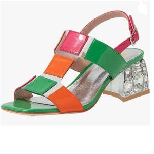 FSJ Green Open Toe Chunky Heel Slingbacks T Strap Buckle Multicolor Band Sandals